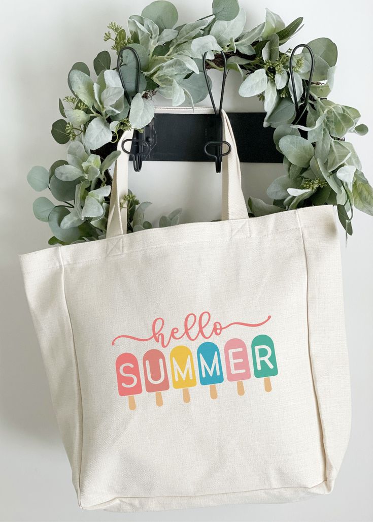 This "Hello Summer" tote bag is perfect for taking to the beach or pool. Made from a heavy weight poly linen they are substantial enough to pack all the supplies you might need. And of course, these bags are environmentally friendly - they're large and durable enough to be used again and again for pool gear, books, groceries, essentials for the beach and much, much more. Designs are printed directly onto the fabric with high pigment inks to produce vibrant colors. BAG DETAILS: HEAVY WEIGHT FAUX Summer Canvas Bag With Large Capacity, Summer Large Capacity Cotton Canvas Bag, Large Capacity Cotton Bag For Beach Season, White Cotton Beach Bag For Weekend, Summer Rectangular Canvas Bag, Summer Large Capacity Cotton Beach Bag, Rectangular Canvas Bag For Summer, Large Capacity Cotton Beach Bag For Summer, Trendy Cotton Canvas Bag For Summer