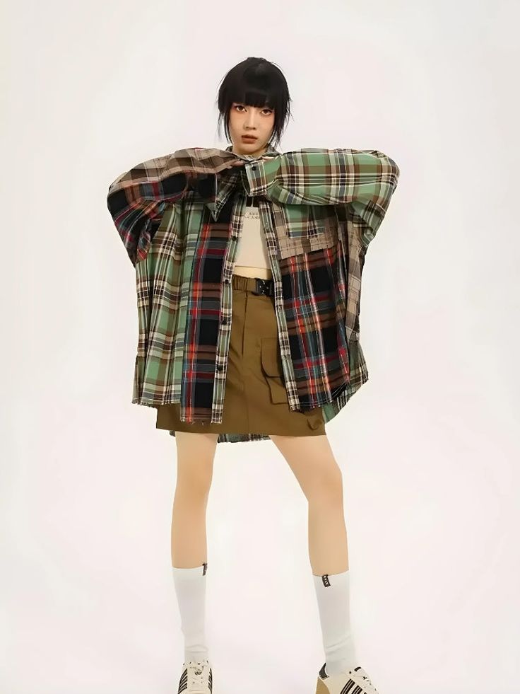 Trendy Plaid Cotton Outerwear, Oversized Alternative Cotton Outerwear, Trendy Flannel Long Sleeve Shirt, Plaid Patchwork Flannel Shirt For Fall, Punk Long Sleeve Shirt For Alternative Fashion, Long Sleeve Punk Shirt For Alternative Fashion, Long Sleeve Plaid Shirt For Streetwear, Oversized Casual Patchwork Shirt, Casual Oversized Patchwork Shirt