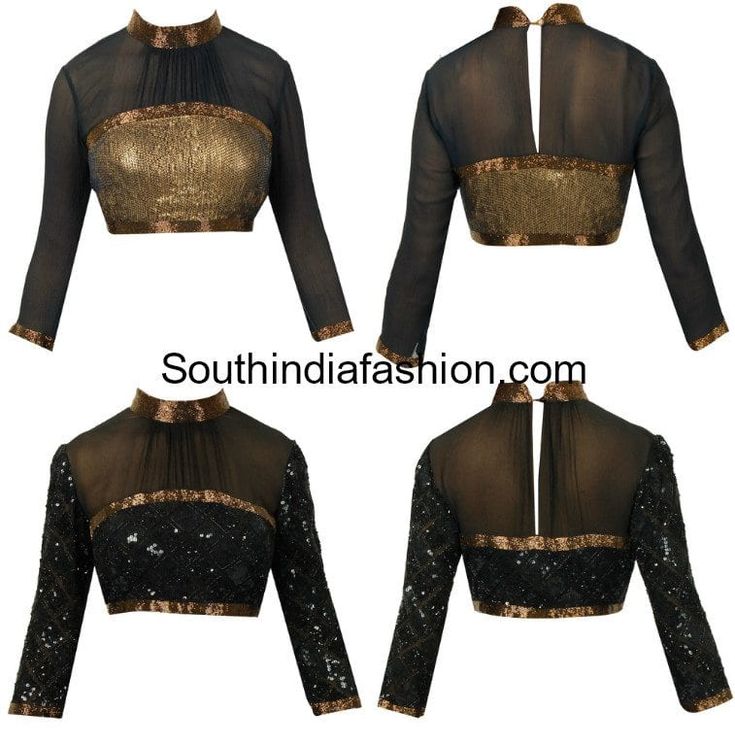 Black and Gold High Neck Blouse Designs Sequence Blouse Neck Design, Turtle Neck Blouse Saree, High Neck Saree Blouse, High Neck Blouse Designs, Gold Blouse Designs, Black Saree Blouse, Neck Blouse Designs, Black Blouse Designs, Patch Work Blouse Designs