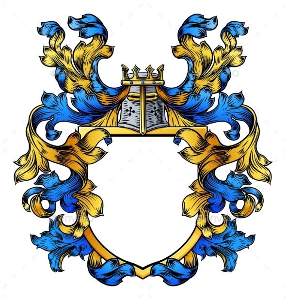 the coat of arms with blue and gold colors on white background stock photo - image