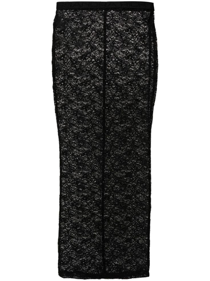 black stretch-design all-over floral-lace design crystal embellishment semi-sheer construction below-knee length unlined straight hem elasticated logo waistband Midi Skirt Black, Fashionably Late, Lace Midi Skirt, Alessandra Rich, Fantasy Gowns, Skirt Fits, Black Midi Skirt, Lace Midi, Crystal Embellishment