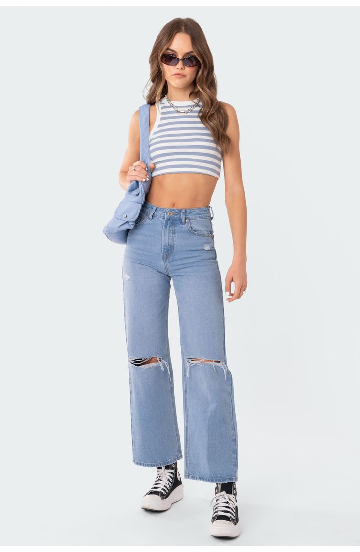 Effortlessly cool wide-leg jeans are cut from nonstretch denim and ripped at the knees for a laid-back vintage look. 100% cotton Machine wash, dry flat Imported Where To Get Wide Leg Jeans, Granola Outfits Summer, Preppy Jeans, Highrise Jeans, Granola Outfits, Thrift Ideas, Girl Hacks, High Waist Wide Leg Jeans, Jeans Outfit Summer