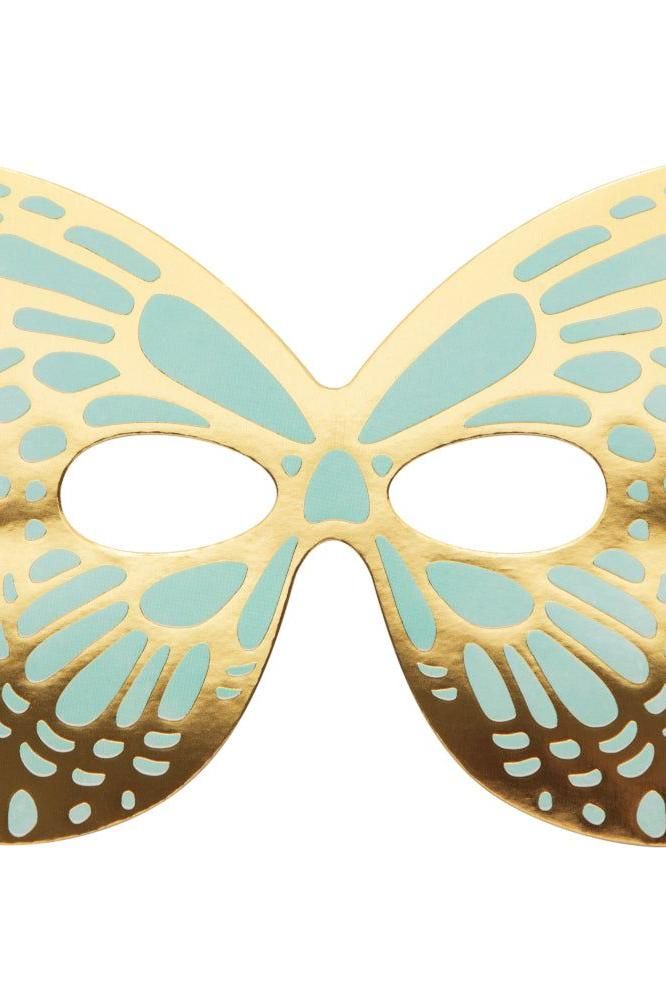 a blue and gold butterfly mask on a white background