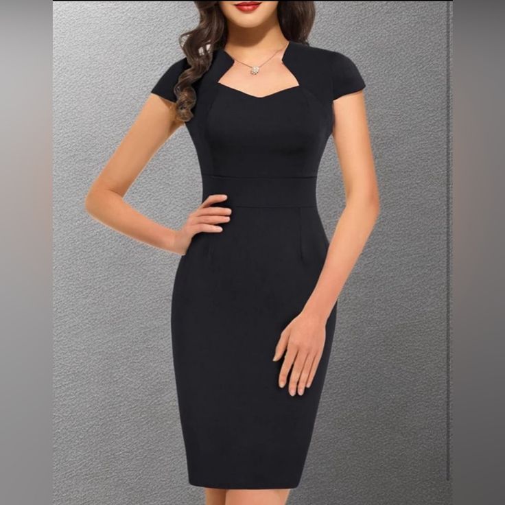 Perfect For Formal, Cocktail Dress, Special Occasion, Date Night. Also For Corporate Outfit. I’m 5’4 It’s Below The Knee For Me. S- 4-6 Bust 34-36 Waist -26-27 Hips 36-37.5 Black Dress Business Professional, Black Stretch Mini Dress For Office, Corporate Outfits Dress, Black Fitted Dress For Office, Black Knee-length Midi Dress For Office, Black Short Sleeve Office Lady Dress, Fitted Cocktail Dresses For Office, Black Fitted Dress For Semi-formal Occasions, Black Short Sleeve Office Dress