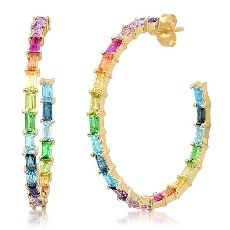 Rainbow is a trend that just isn't going away! Probably because it makes you so darn happy! And so will these earrings! 14k yellow, rose or white gold 5.54ctw assorted semiprecious gemstones 1.5" diameter By Eriness Please allow 2-6 weeks for delivery Baguette Hoop Earrings, Stephanie Gottlieb, The Bling Ring, Gold Bar Earrings, Rainbow Jewelry, Gold Ear Cuff, Ear Cuff Earings, Colorful Gifts, Engraved Gifts