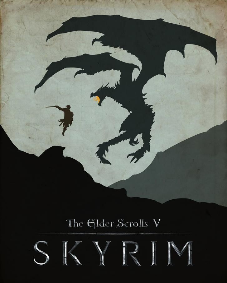 the elder scrolls v skyrim poster with an image of a dragon and a man