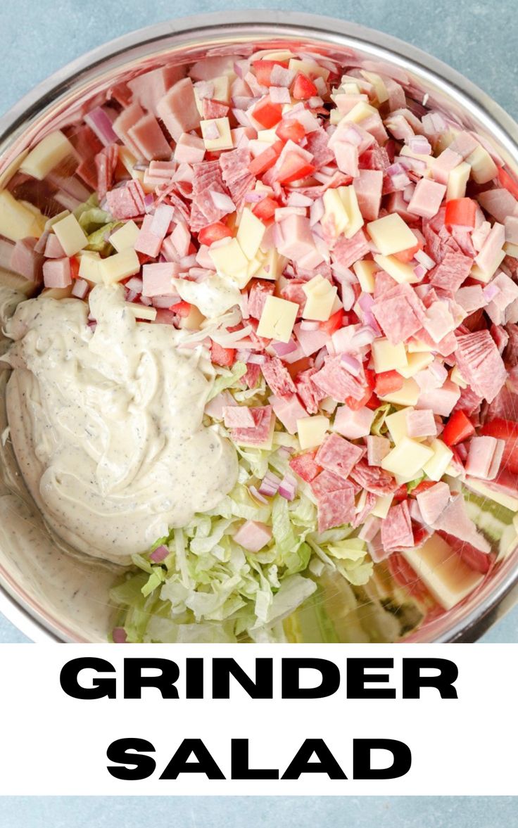 grinder salad ingredients in a silver mixing bowl Meat Salad Sandwiches, Meat Salads Cold, Cold Salads For Dinner, Soup Salad Sandwich Combo, Sub Sandwich In A Bowl, Italian Grinder Salad Recipes, Chopped Grinder Salad, Sandwich Salad Recipes, Deli Salads Recipes