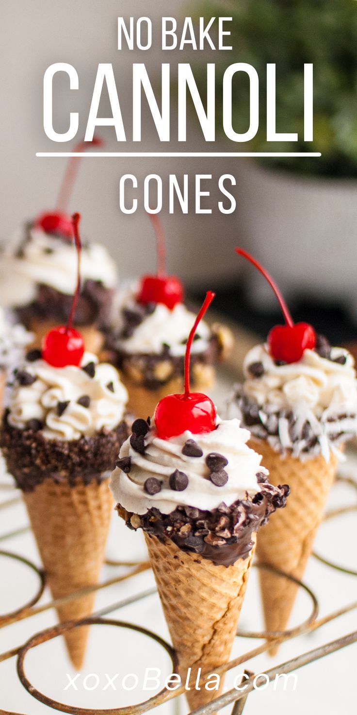 no bake cannoli cones with chocolate chips and cherries