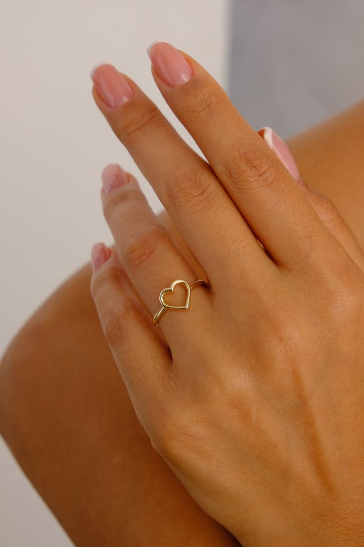 "14K Gold Heart Ring, Open Heart Ring, Dainty Gold Band Ring, Love Heart Ring, Promise Ring, Minimalist ring, Heart Gold Ring, Best Friend Ring Features *Material: 14K Real Gold *Color Options: Yellow Gold, White Gold, Rose Gold *Metal Stamp: 14K (585) *Available Ring Sizes: 3US to 10US Size *Weight(approx) : 1.50 grams *Ready to Ship in 3-5 Business Days. FREE Express worldwide shipping. FREE Engraving service Each item is made to order. Comes in a Gift Box with 14K Gold Certificate. This produ Small Rings Simple Gold, Ring Designs Heart Shape, Heart Gold Ring Design, Gold Heart Ring Simple, Cute Small Rings, Gold Ring Heart, Simple Dainty Rings, Dainty Promise Rings Simple, Everyday Open Heart Rings With Heart Charm