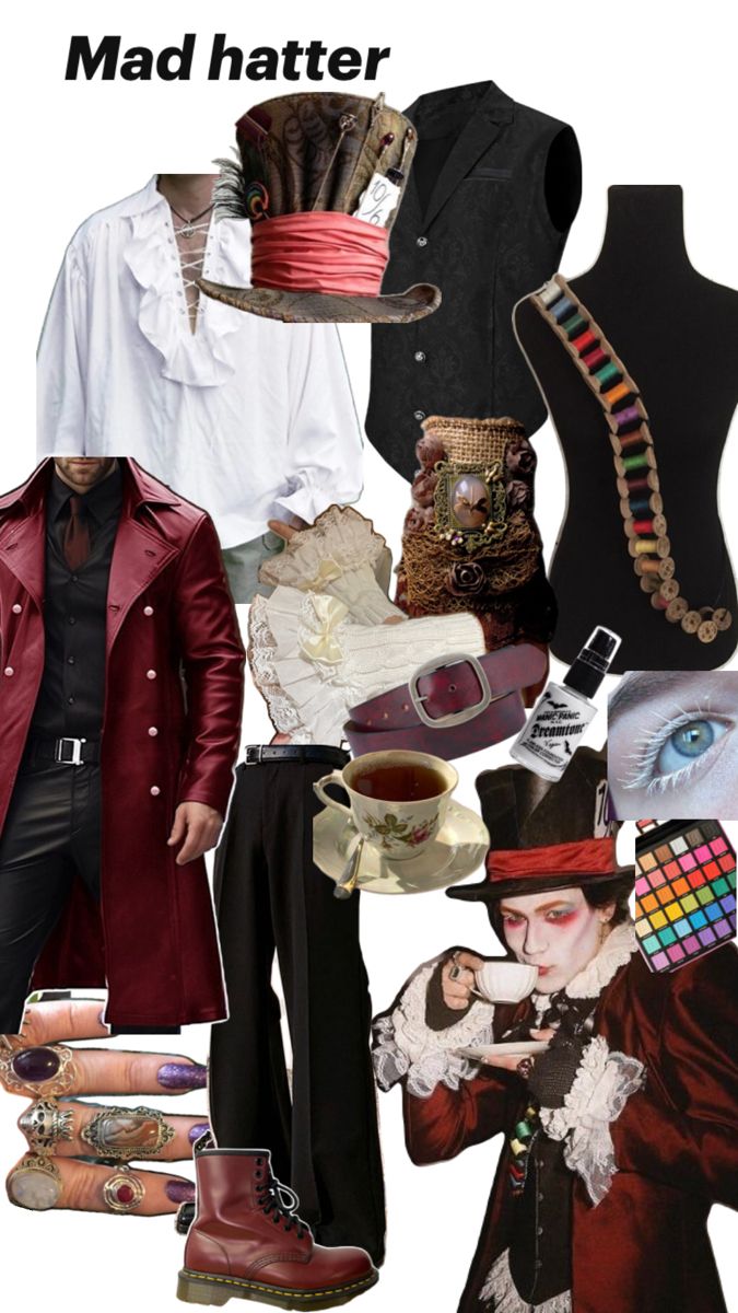 there is a collage of clothing and accessories for mad hatter in the movie mad hatter