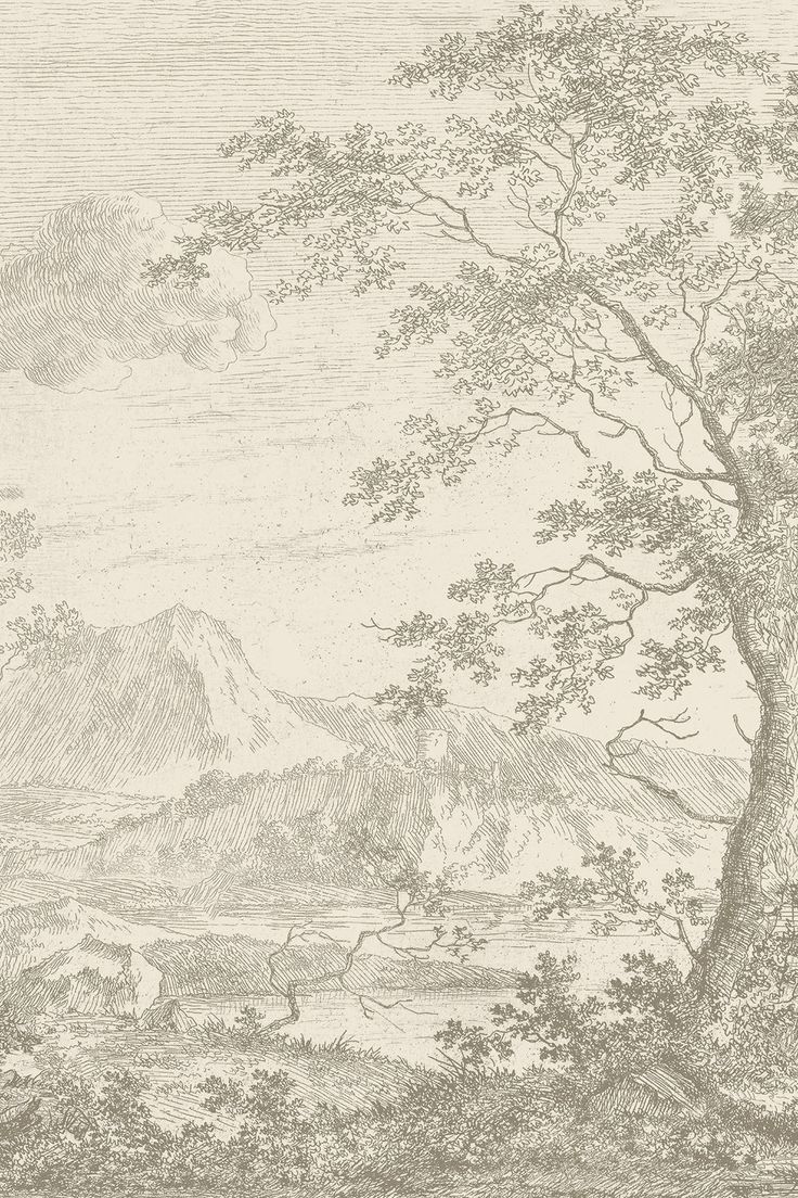 a drawing of a tree and mountains in the distance