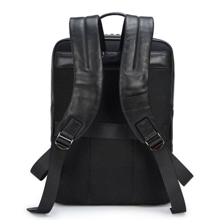 a black leather backpack with two straps on the front and one strap at the back