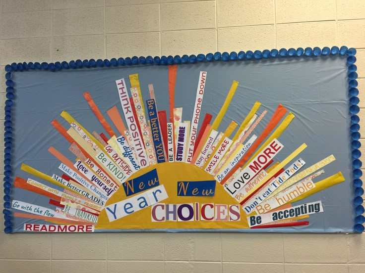 a bulletin board with the words new year's and choices on it in front of a wall