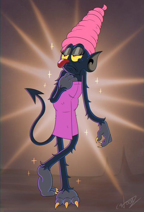 a cartoon cat with a pink hat on it's head and yellow eyes, standing in