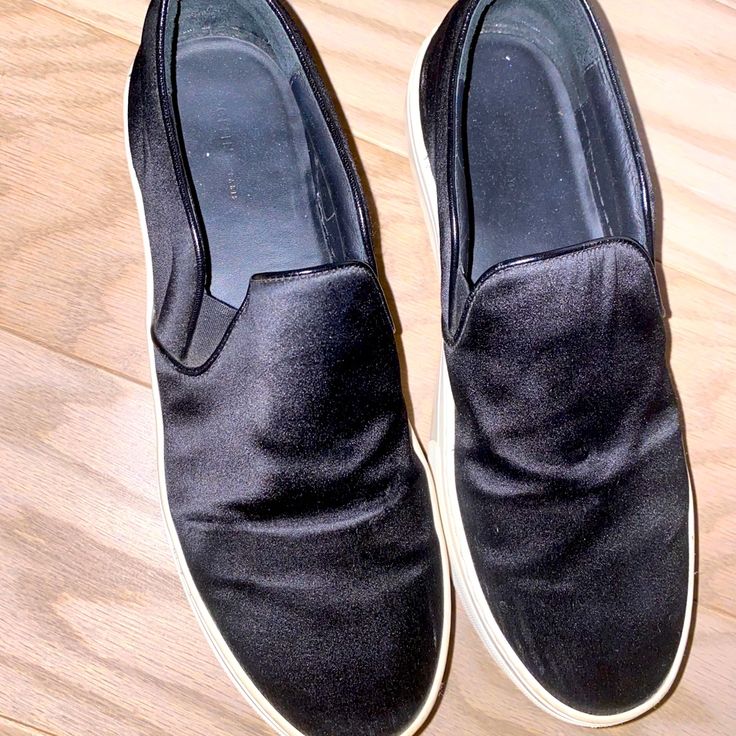 Barely Used Celine Slip On Black Shoes. Like New. Size 8 Chic Black Slip-ons With Removable Insole, Sleek Black Slip-ons With Rubber Sole, Elegant Black Slip-ons For Summer, Black Leather Slip-ons For Evening, Black Leather Evening Slip-ons, Sleek Black Almond Toe Slip-ons, Sleek Black Slip-ons, Elegant Black Sneakers With Removable Insole, Black Slip-ons With Round Toe For Evening