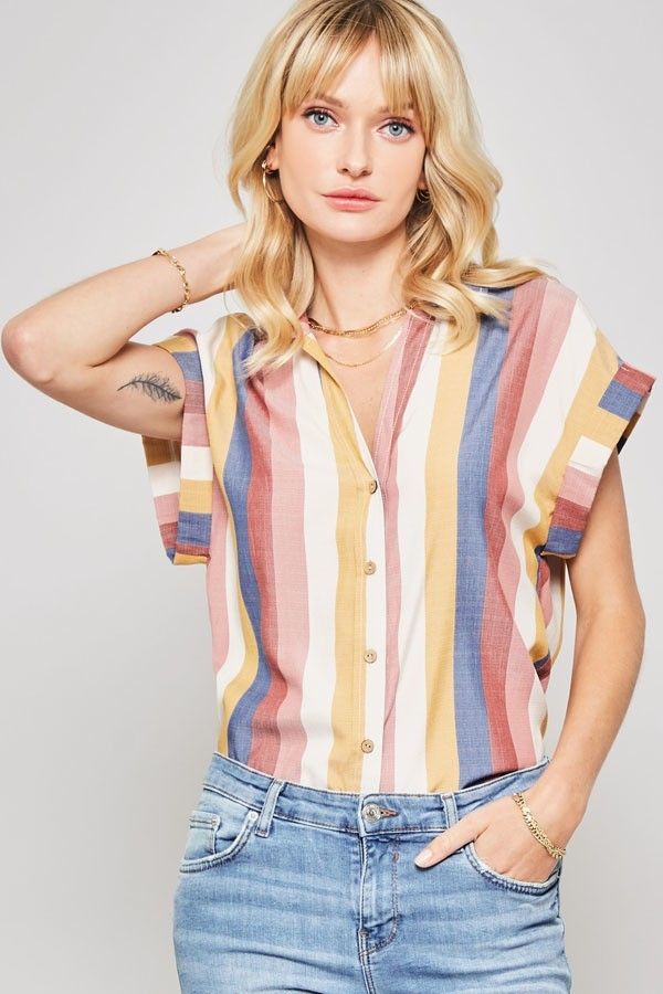 This multicolor striped shirt offers timeless style with a classic collared neckline and wood button-front closure. Featuring cuffed kimono sleeves, a pleated back, and a frayed hem, this shirt exudes a fashionable, contemporary look. The lightweight, breathable fabric ensures comfort for any occasion.Imported95% Polyester 5% Spandex Navy/MauvePRO SIZE CHART:S (3) : bust 33-34 in, waist 25 in, hips 35-36 in (5) : bust 34-35 in, waist 26 in, hips 36-37 inM (7) : bust 36-37 in, waist 27 in, hips 3 Wood Buttons, Kimono Sleeves, Short Kimono, Moda Vintage, Kimono Sleeve, Skirt Leggings, Kimono Fashion, Denim Top, Plus Size Tops