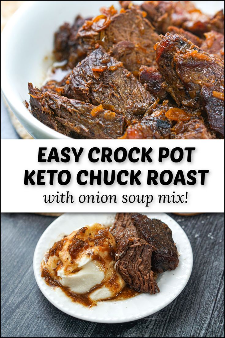 white plate with slow cooker keto pot roast and mashed cauliflower and text Pot Roast Crock Pot Recipes Low Carb, Keto Onion Soup Mix Recipe, Keto Pot Roast Recipes, Keto Beef Chuck Roast Recipes Instant Pot, Keto Rump Roast, Keto Crockpot Pot Roast, Keto Pot Roast With Gravy, Low Carb Chuck Roast Recipes Crock Pot, Potroast Crockpot Keto