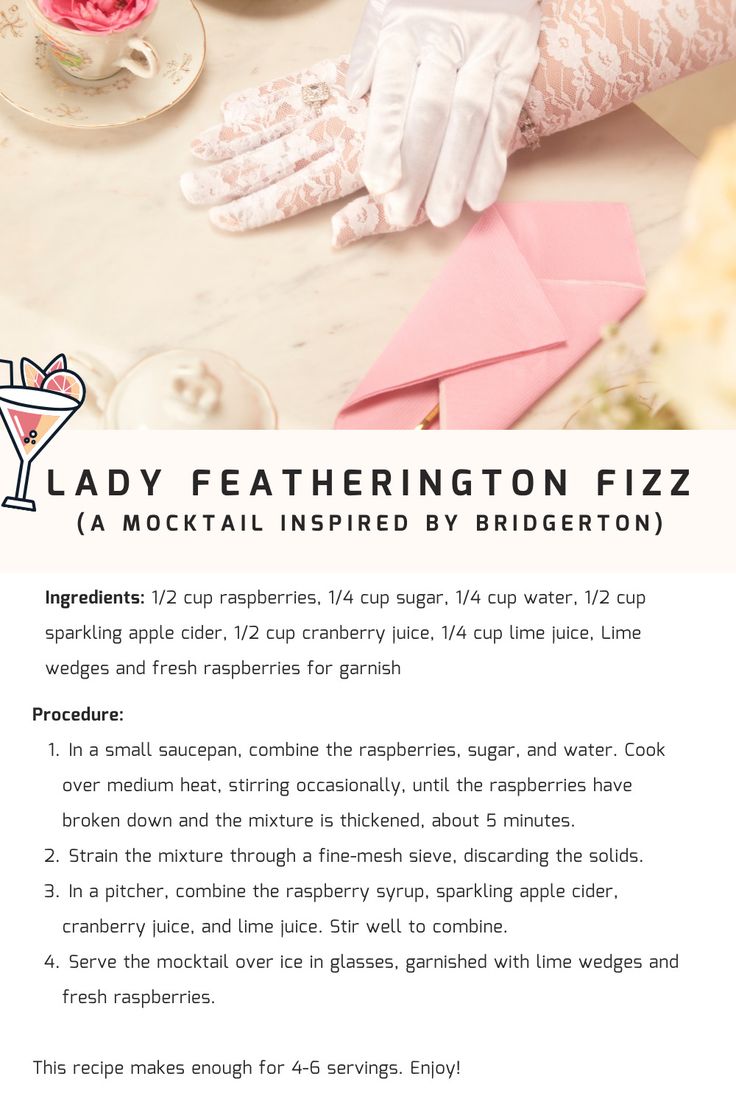 A mocktail recipe called the "Lady Featherington Fizz", inspired by the show called Bridgerton. Bridgeton Party Food, Tea Time Bachelorette Party, Bridgerton Theme Party Food, Bridgerton Food Recipes, Bridgerton Ball Theme Party, Bridgerton Dessert Ideas, Bridgerton Party Theme Ideas, Bridgerton Dinner Party Food, Bridgerton Inspired Food