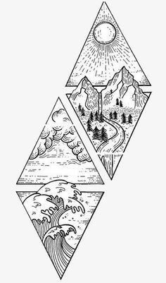 three mountains with trees and waves in the middle, one is drawn by hand on white paper