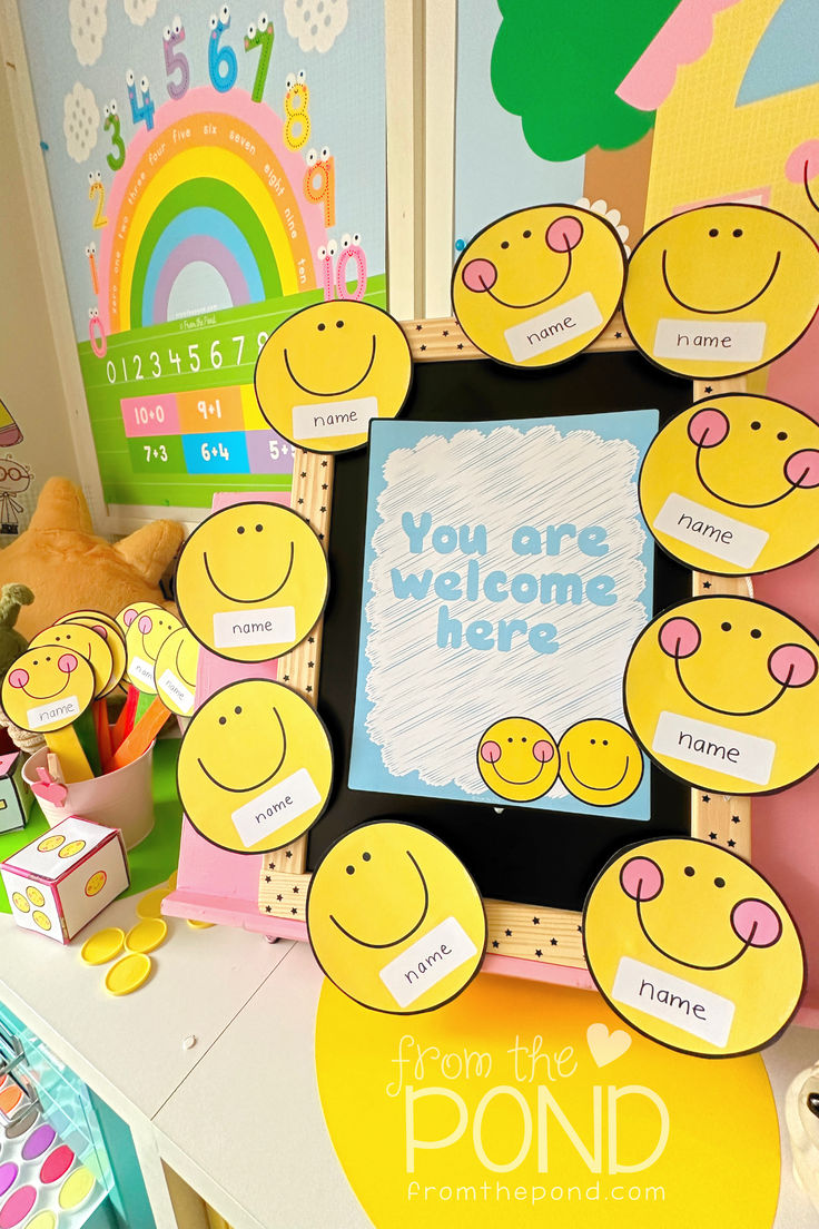 a group of children's handmade smiley faces with the words you are welcome here