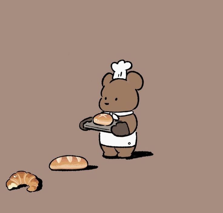 a cartoon bear holding a tray with bread and croissants next to it