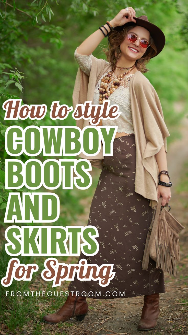 a women wears skirt with cowboy boots, western outfits Work Western Outfits Women, Western Midi Skirt Outfit, Styling Cowboy Boots, Skirt And Cowboy Boots Outfit, Skirt With Cowboy Boots, Boots And Skirts, Skirt And Cowboy Boots, Ankle Cowboy Boots Outfit, Cowboy Boots Ankle