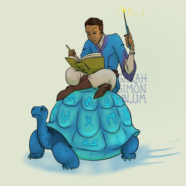 a man sitting on top of a tortoise reading a book while holding a wand