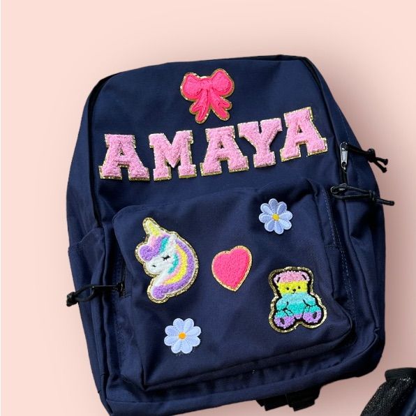 Amaya Bagpack New With Patches Blue Backpack Shoulder Bag For School, Blue Standard Backpack Shoulder Bag For School, Trendy Blue Backpack For School, Trendy Blue School Backpack, Cute Blue Backpack Bag, Blue Shoulder Bag For Back To School, Blue Rectangular Backpack For Students, Cute Blue Backpack With Adjustable Strap, Blue Rectangular Shoulder Bag For Back To School