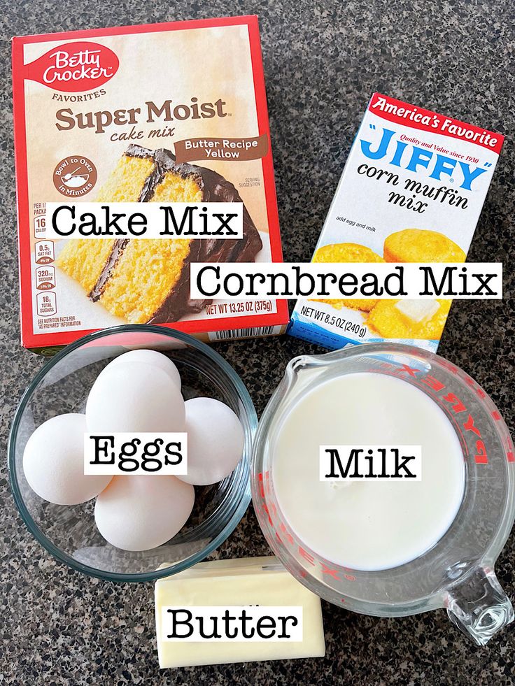 ingredients for cake mix laid out on the counter