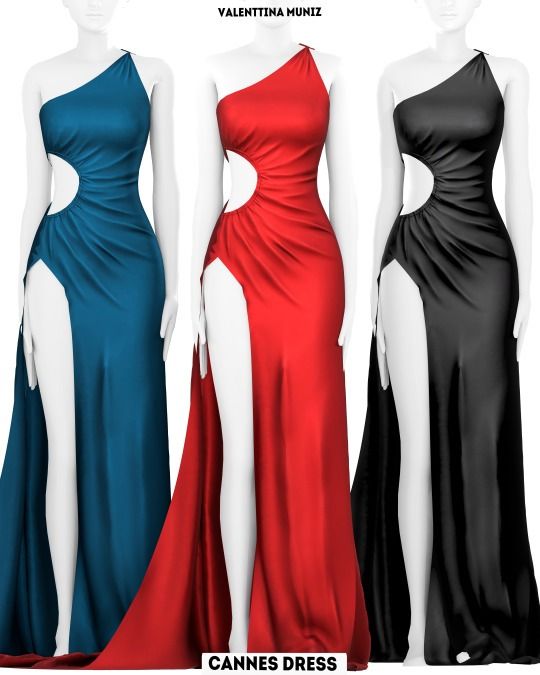 three dresses are shown in different colors