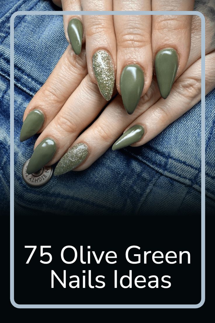 Take your manicure to the next level with these chic olive green nail ideas. From delicate glitters, to bold designs, you're sure to find something here that will complete any outfit! Whether you want something subtle or statement-making, these olive green nails are sure to have you looking fabulous. Discover your perfect look now and start turning heads. Olive Green Nail Ideas, Olive Green Nail Designs, Earthy Nails, Green Nails Ideas, Olive Green Nails, Green Nail Ideas, Green Polish, Green Nail Designs, Green Nail