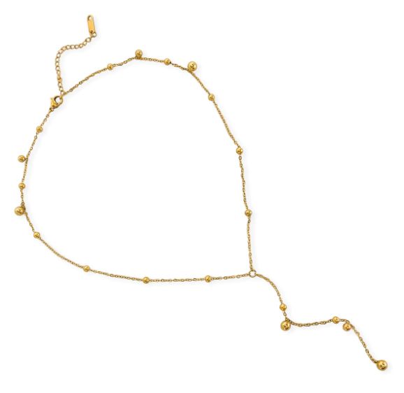 Water Resistant Necklace Crafted with a dainty lariat chain and accented with spheres all over, this Water Resistant necklace exudes elegance and sophistication. Make a statement with this exquisite piece. Material: 18k gold plated, triple plated, over stainless steel - water resistant/waterproof Size: Approx. 3.75" drop Length: Approx. 16", plus a 2" extension Closure: Lobster clasp Elegant Gold-tone Lariat Necklace With Delicate Chain, Elegant Adjustable Drop Necklace With Dangling Beads, Elegant Gold Plated Necklaces With Ball Chain, Dainty Gold-tone Lariat Necklace, Dainty Gold-tone Gold Plated Lariat Necklace, Adjustable Gold Lariat Necklace With Dangling Beads, Elegant Lariat Necklace With Dangling Beads, Elegant Chain Necklace With Dangling Beads For Gift, Gold Drop Necklace With Beaded Chain