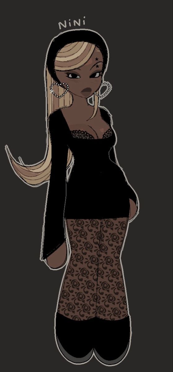 a drawing of a woman with long blonde hair and black clothes, in front of a dark background