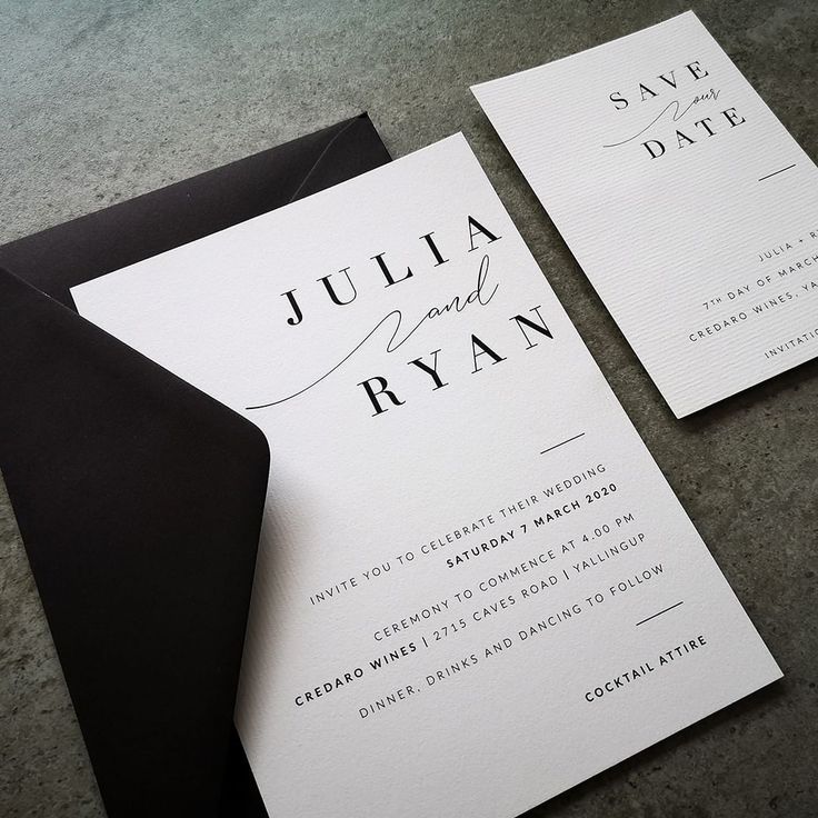 two black and white wedding stationery cards on top of each other with the word save the date printed on them