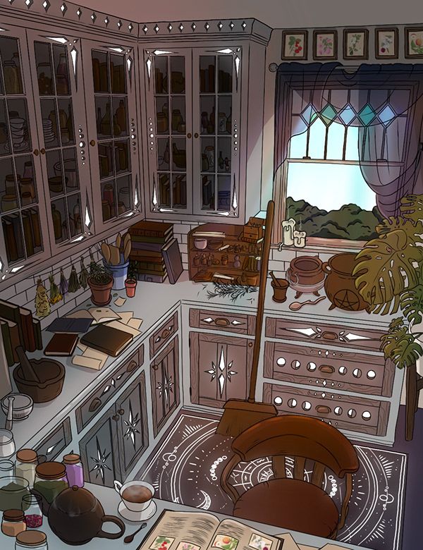 a drawing of a kitchen with lots of clutter on the counter and cupboards