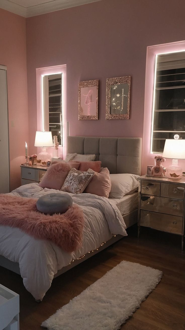 a bedroom decorated in pink and grey with white bedding, two nightstands, mirrors, and lights on the wall