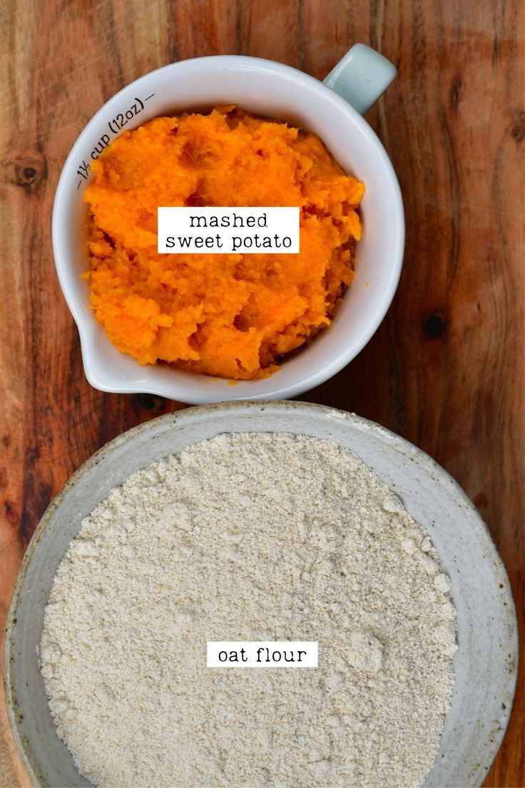 the ingredients to make mashed sweet potatoes in a bowl on top of a wooden table