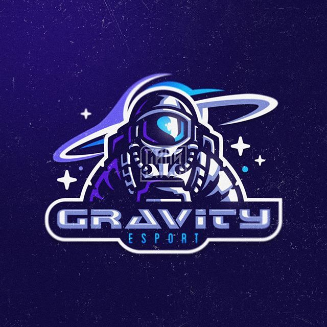 the logo for gravity esport is shown in purple and blue colors with an astronaut on it