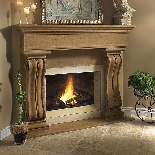 a living room with a fire place and potted plants on the table next to it