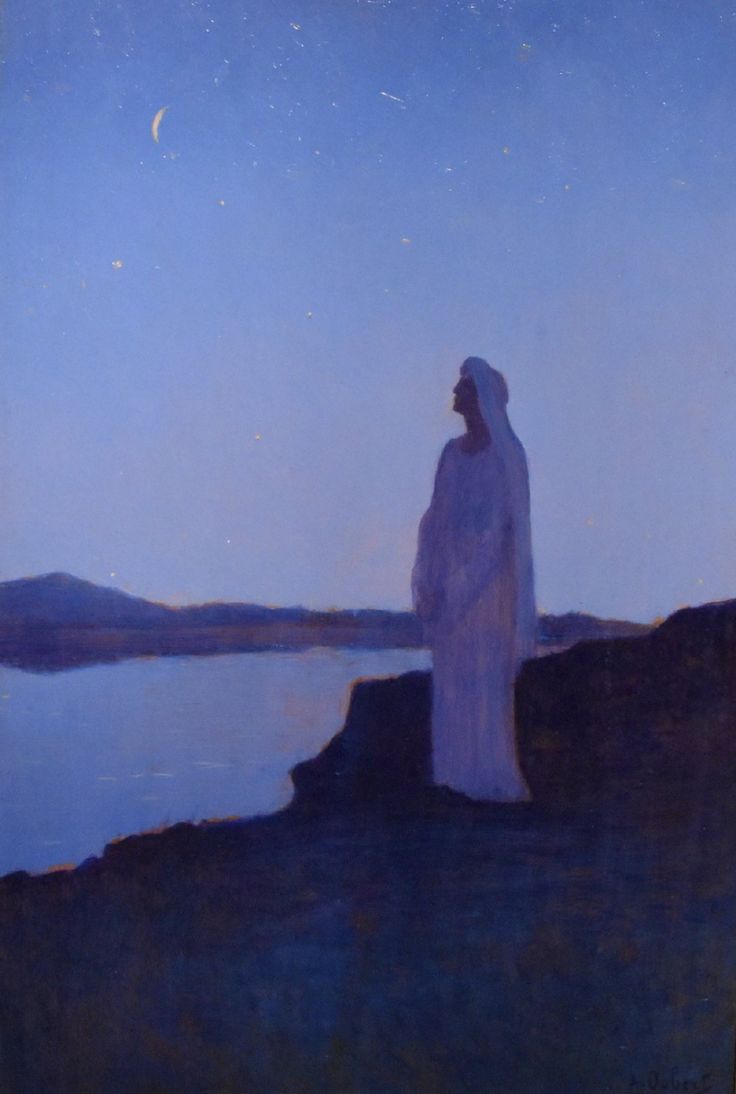 a painting of a person standing on top of a hill next to a body of water