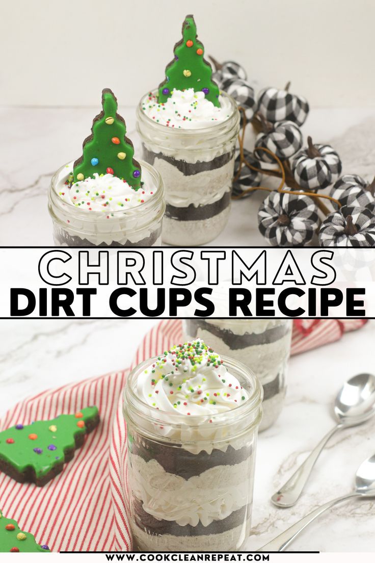 three christmas desserts in small glass jars on a table with spoons and decorations