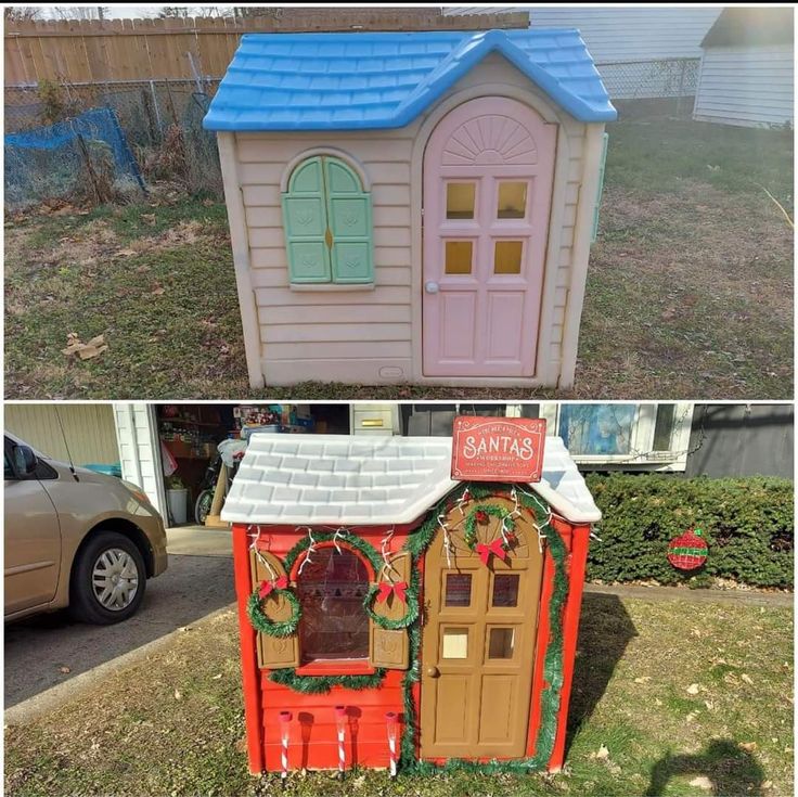 two pictures side by side one has a toy house and the other has a christmas decoration on it