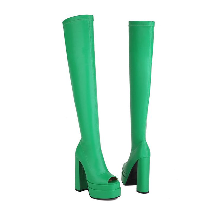 Looking for a fashion-forward and unique boot that will turn heads? Look no further than our gorgeous green thigh high boots! These stylish boots feature an open toe design and platform block heels for a look that's both fashionable and comfortable. Whether you're dressing up for a night out or just looking to add a pop of color to your outfit. these boots are sure to make a statement. Upper: Microfiber Lining: Leather Outsole: Rubber Toe: Open Toe Closure: Zip Heel: 14.5cm/6'' Platform: 5cm/5'' Green Round Toe Platform Boots For Party, Green Platform Boots With Round Toe For Party, Trendy Green Chunky Platform Heels, Green Platform Party Boots, Green Knee-high Heeled Boots For Spring, Green High Heel Knee-high Party Boots, Green High Heel Knee-high Boots For Party, Green Fitted High Heel Knee-high Boots, Spring Platform High Heel Knee-high Boots