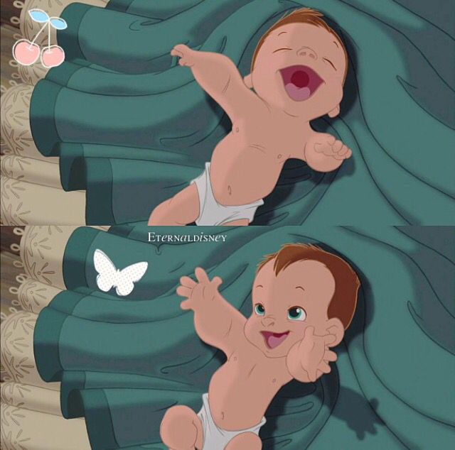 an animated baby laying on top of a bed next to a butterfly flying above it