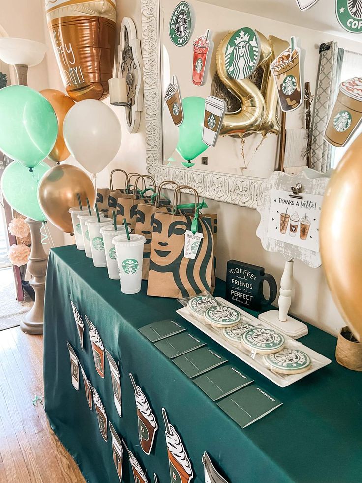 starbucks coffee themed party with balloons and decorations