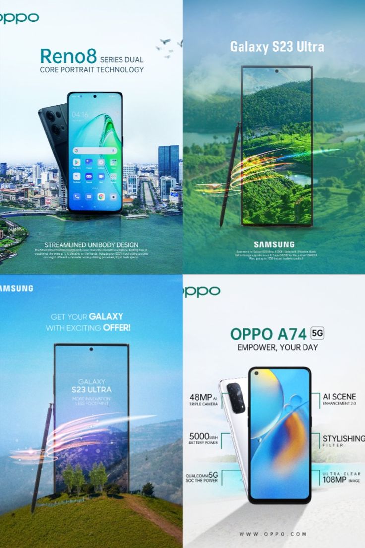 an advertisement for the new samsung phones is shown in four different colors and sizes, including blue