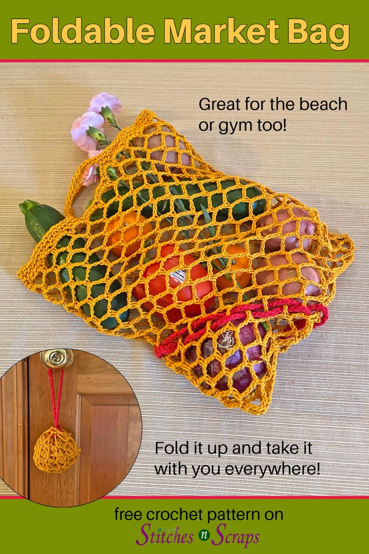 the foldable market bag is made with crochet