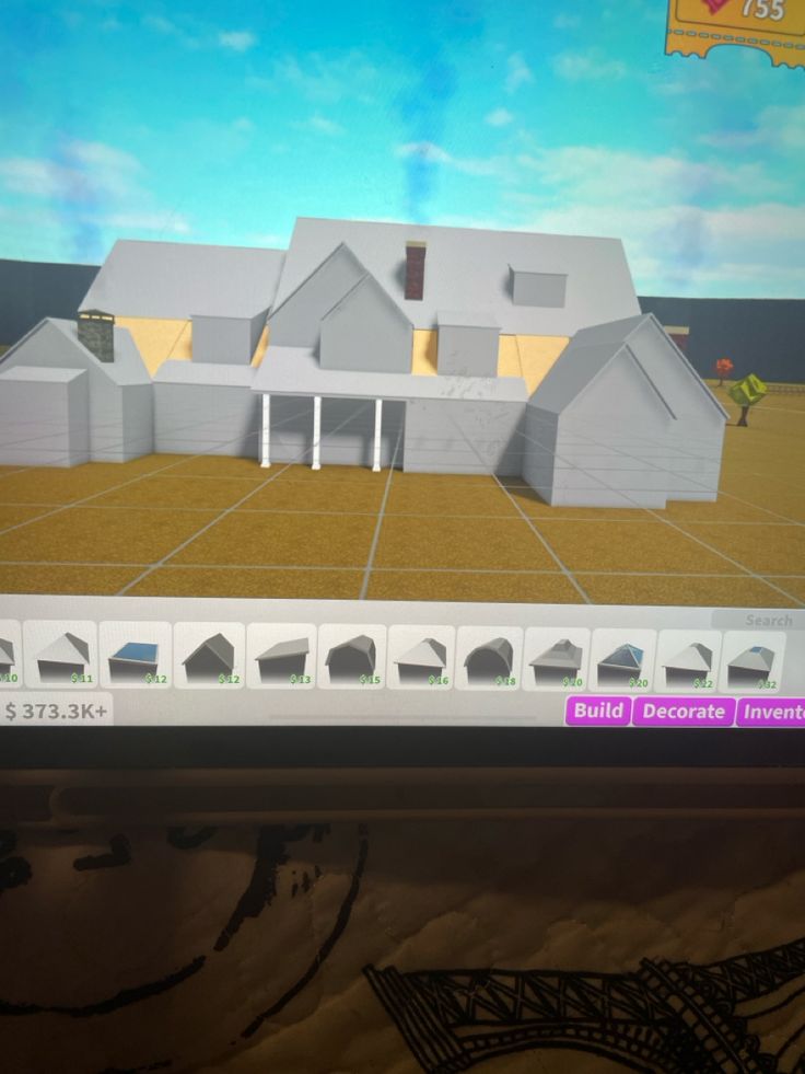 a computer screen showing an architectural model of a house and its surroundings in the background