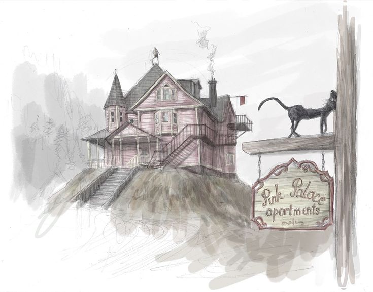 a drawing of a dog standing on top of a sign in front of a pink house