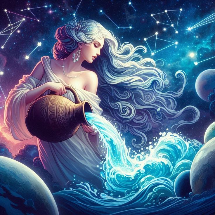 a painting of a woman with long hair pouring water into her hand and stars in the background